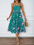 Women Summer Boho Leaf Print Square Neck Cami Tiered Sundress