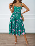 Women Summer Boho Leaf Print Square Neck Cami Tiered Sundress