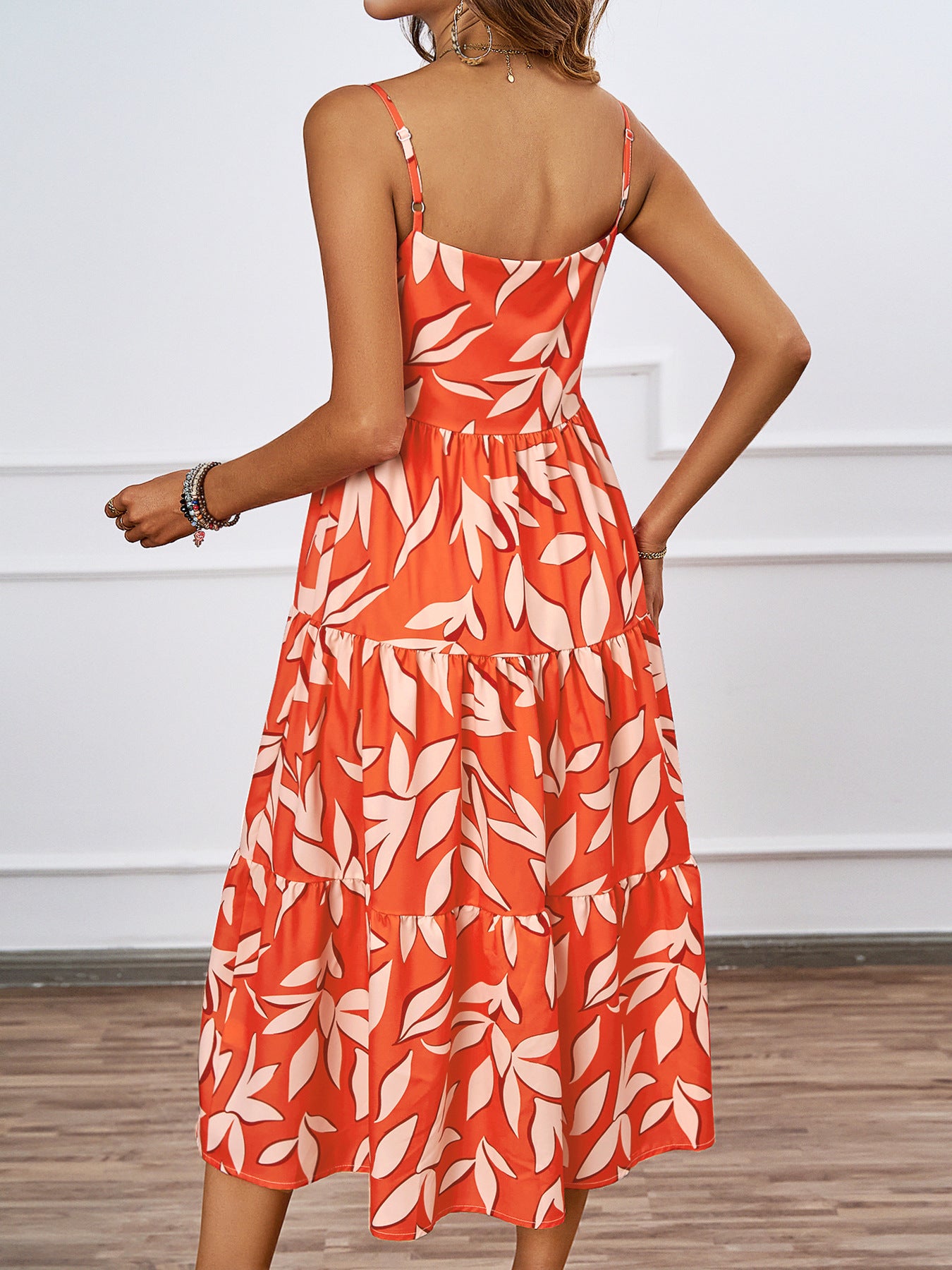Women Summer Boho Leaf Print Square Neck Cami Tiered Sundress