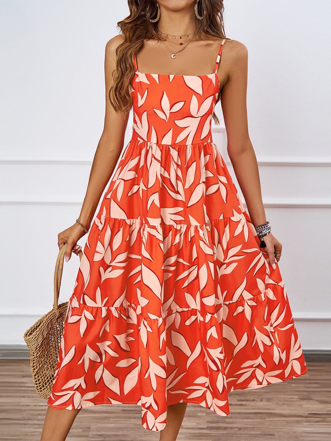 Women Summer Boho Leaf Print Square Neck Cami Tiered Sundress