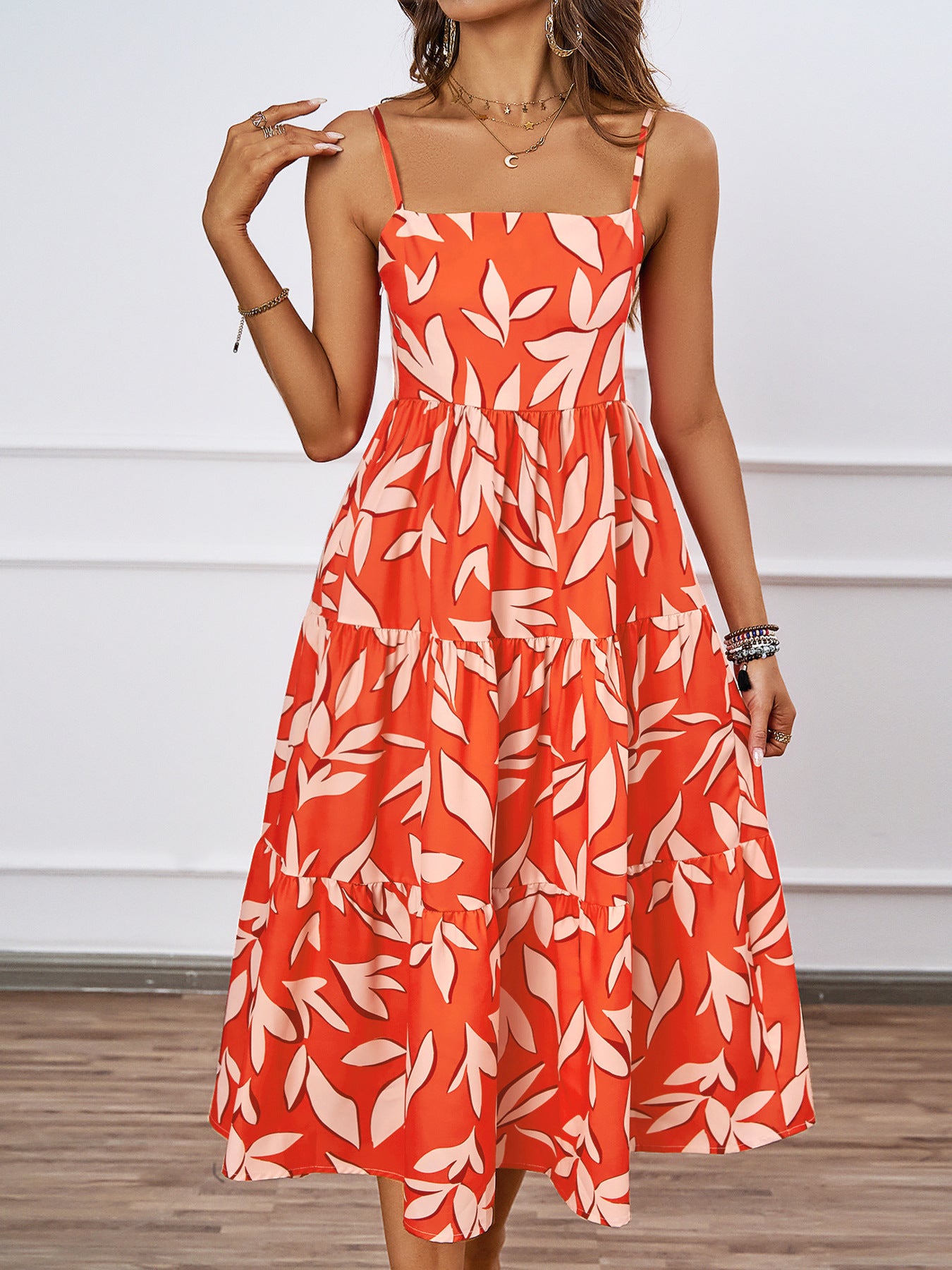 Women Summer Boho Leaf Print Square Neck Cami Tiered Sundress