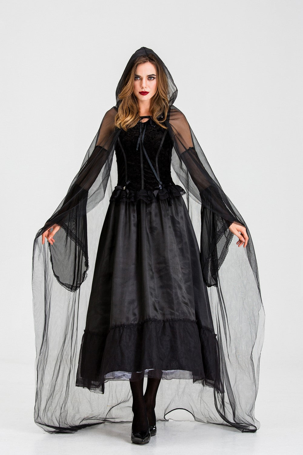 Gothic Hooded Witch Vampire Costume Dress Mesh Cape Long Gown for Women