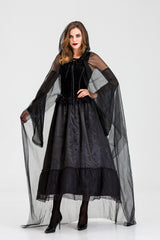 Gothic Hooded Witch Vampire Costume Dress Mesh Cape Long Gown for Women