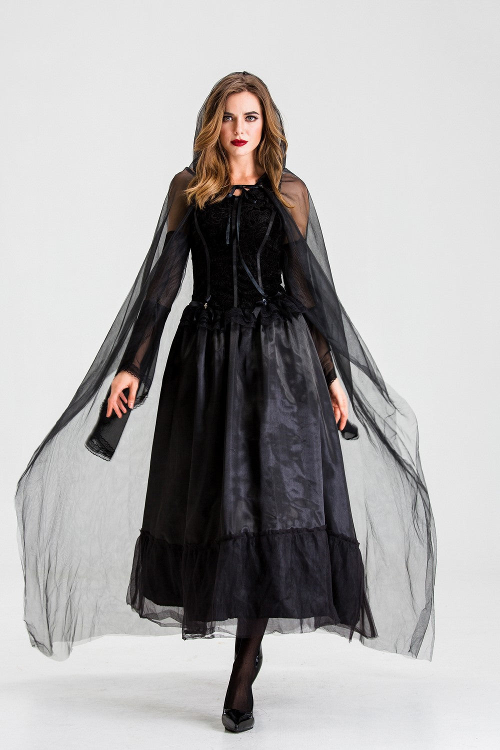 Gothic Hooded Witch Vampire Costume Dress Mesh Cape Long Gown for Women