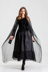 Gothic Hooded Witch Vampire Costume Dress Mesh Cape Long Gown for Women