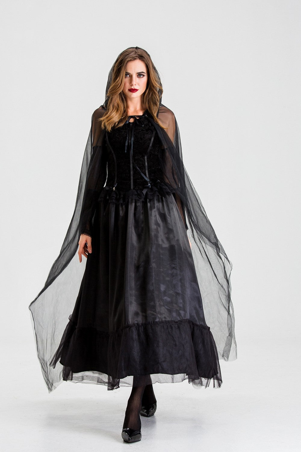 Gothic Hooded Witch Vampire Costume Dress Mesh Cape Long Gown for Women