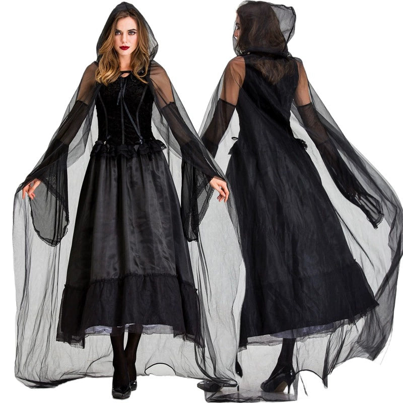 Gothic Hooded Witch Vampire Costume Dress Mesh Cape Long Gown for Women