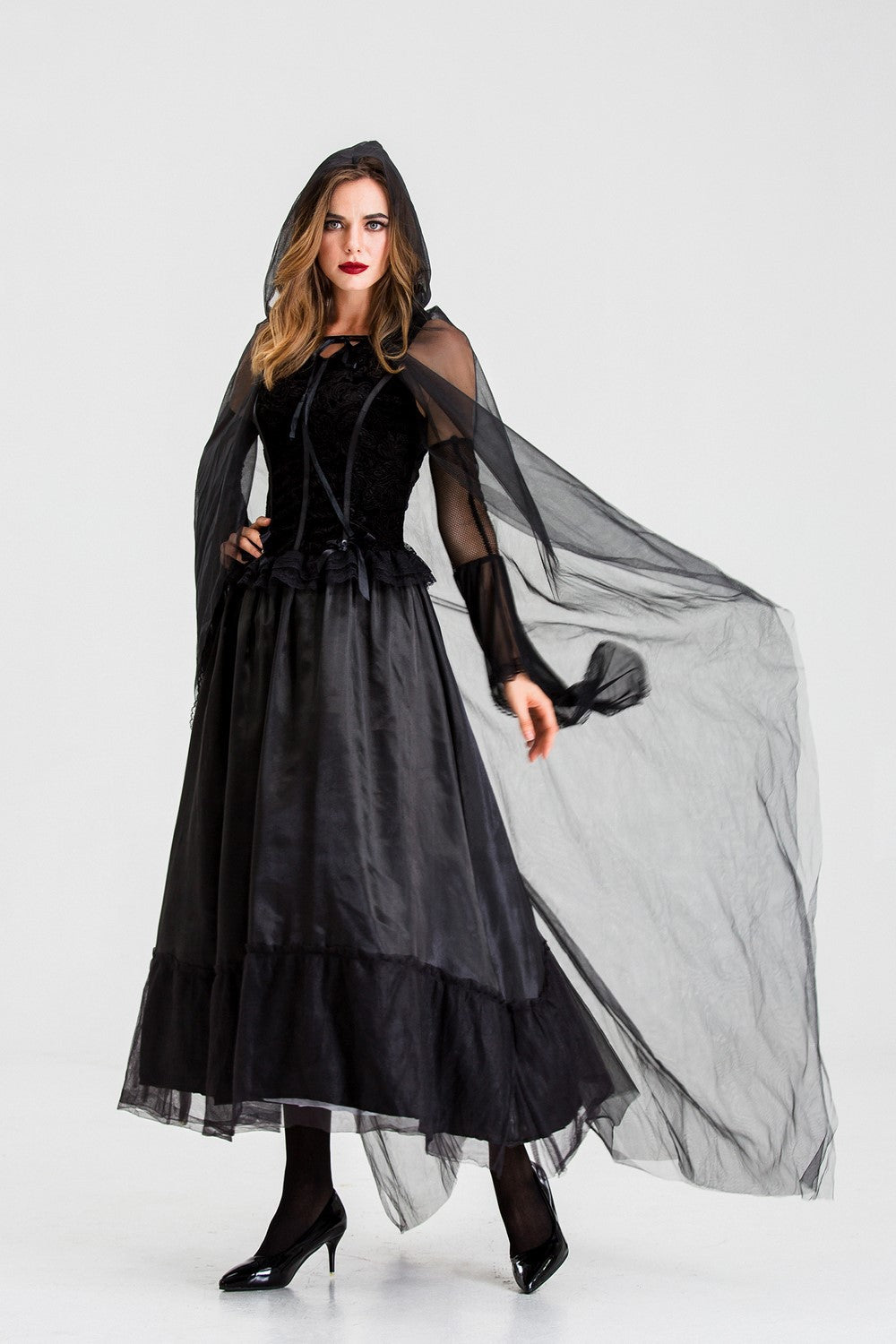 Gothic Hooded Witch Vampire Costume Dress Mesh Cape Long Gown for Women