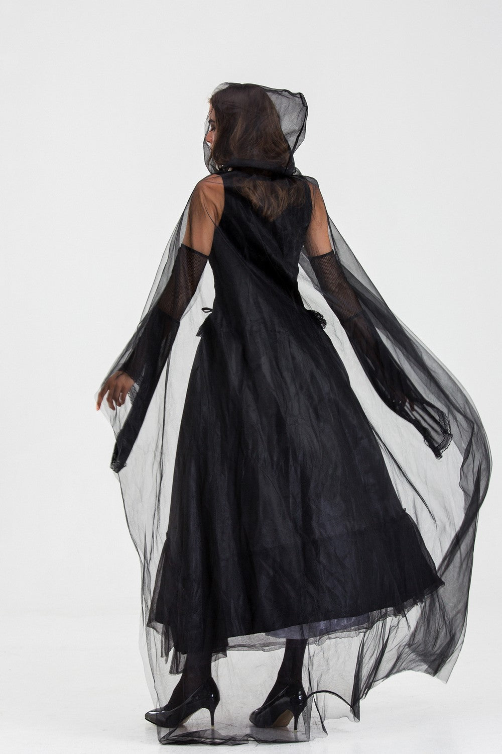 Gothic Hooded Witch Vampire Costume Dress Mesh Cape Long Gown for Women