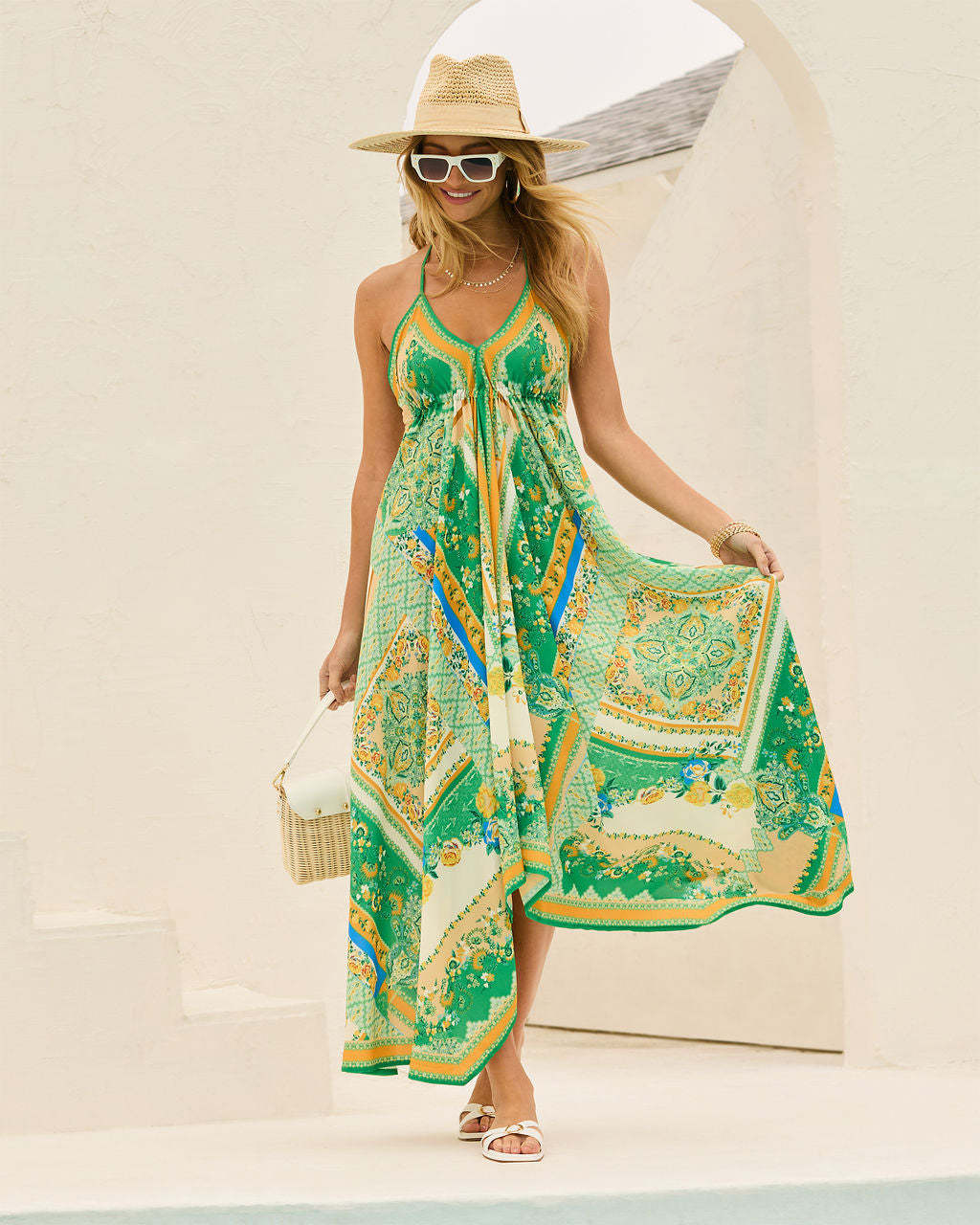 Floral Halter Backless Tie Waist Boho Maxi Dress for Women