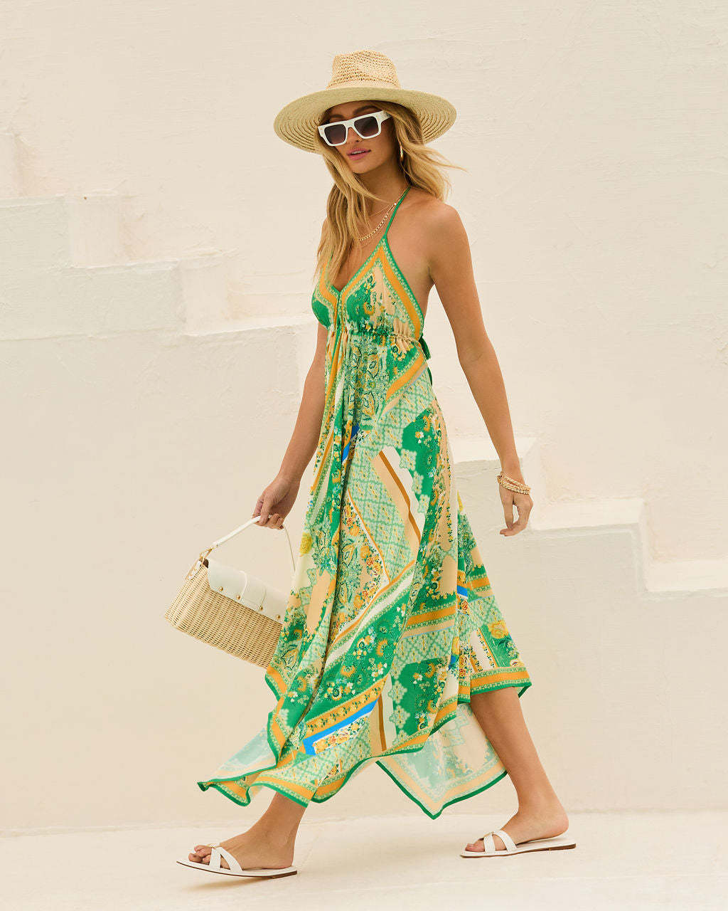Floral Halter Backless Tie Waist Boho Maxi Dress for Women