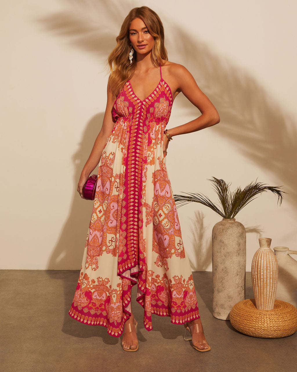Floral Halter Backless Tie Waist Boho Maxi Dress for Women