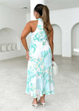 Floral Print Wedding Guest Halter Dress - Belted Ruffle Asymmetrical Midi Dress for Women