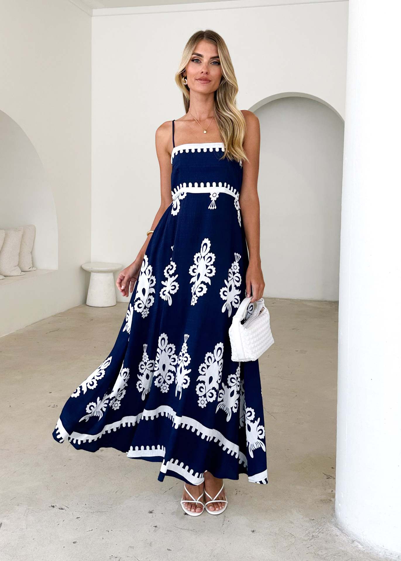 Women Summer Vacation Spaghetti Strap Embroidered Boho Maxi Dress