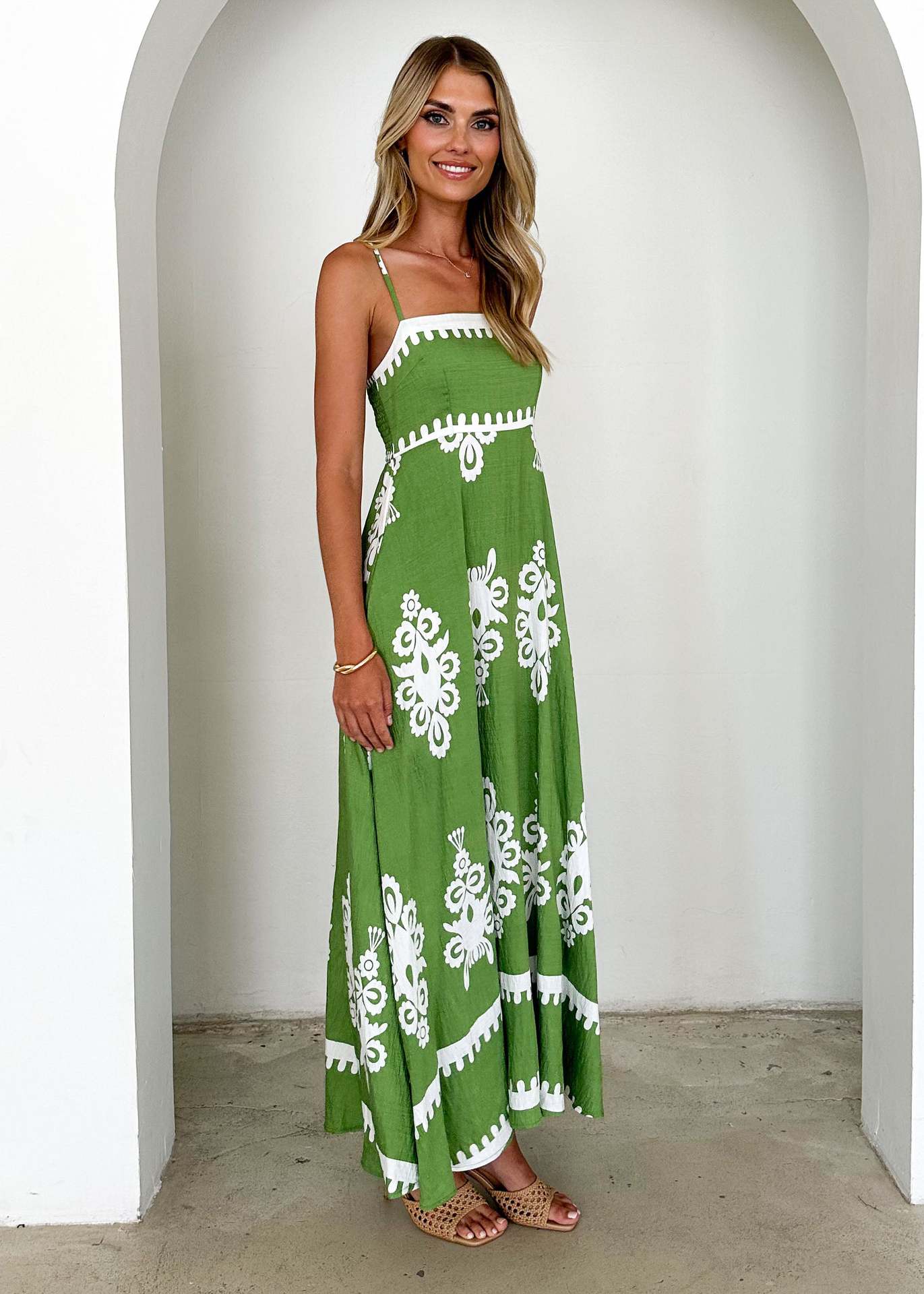 Women Summer Vacation Spaghetti Strap Embroidered Boho Maxi Dress
