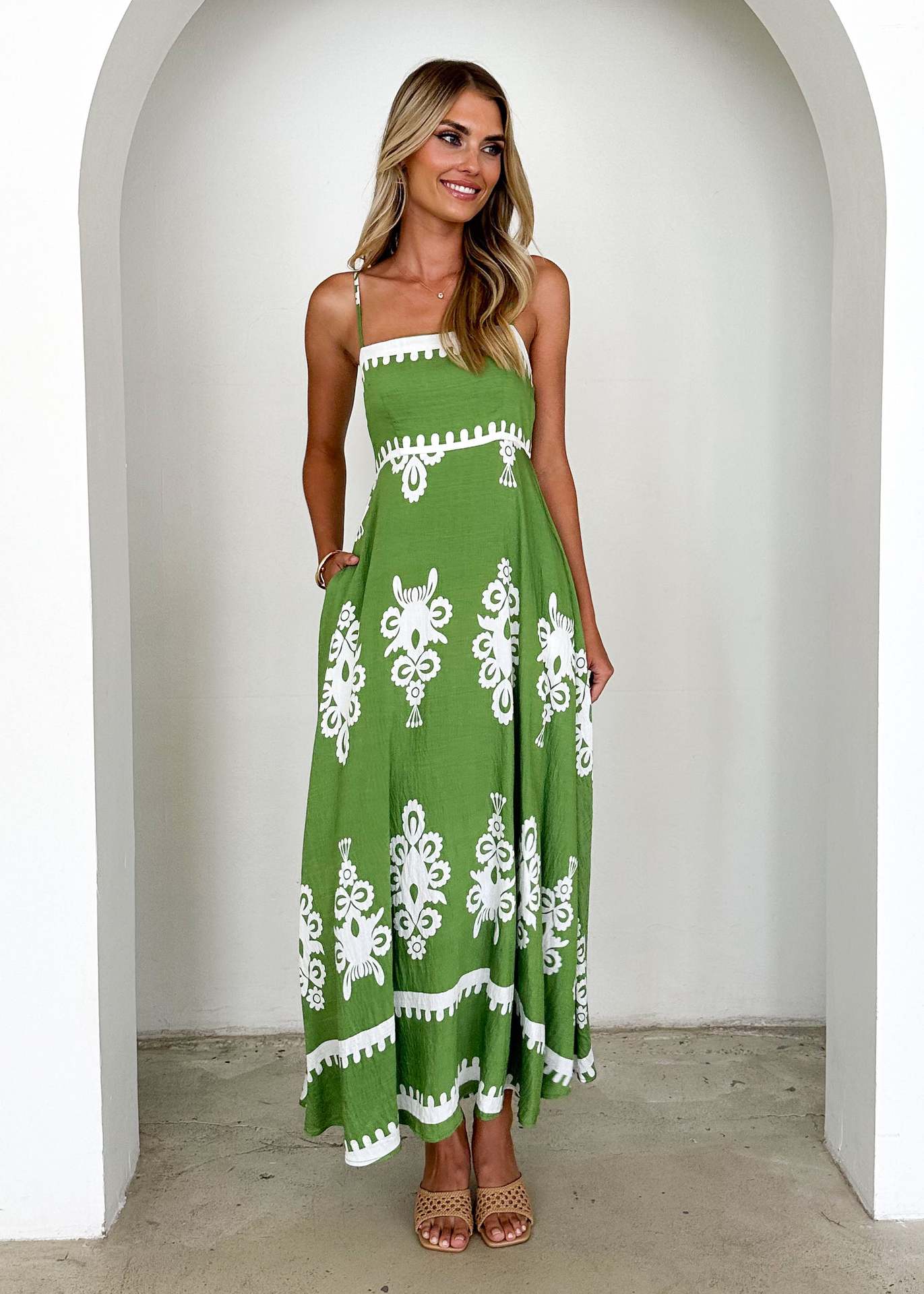 Women Summer Vacation Spaghetti Strap Embroidered Boho Maxi Dress
