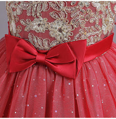 Flower Girl Dress Bow Wedding Dress Pearl Lace Sequins Princess Dress Birthday Costume Party Holiday