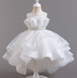 Flower Girl Dress Bow Trailing Wedding Dress Lace Pearl Princess Dress Birthday Costume Party Holiday