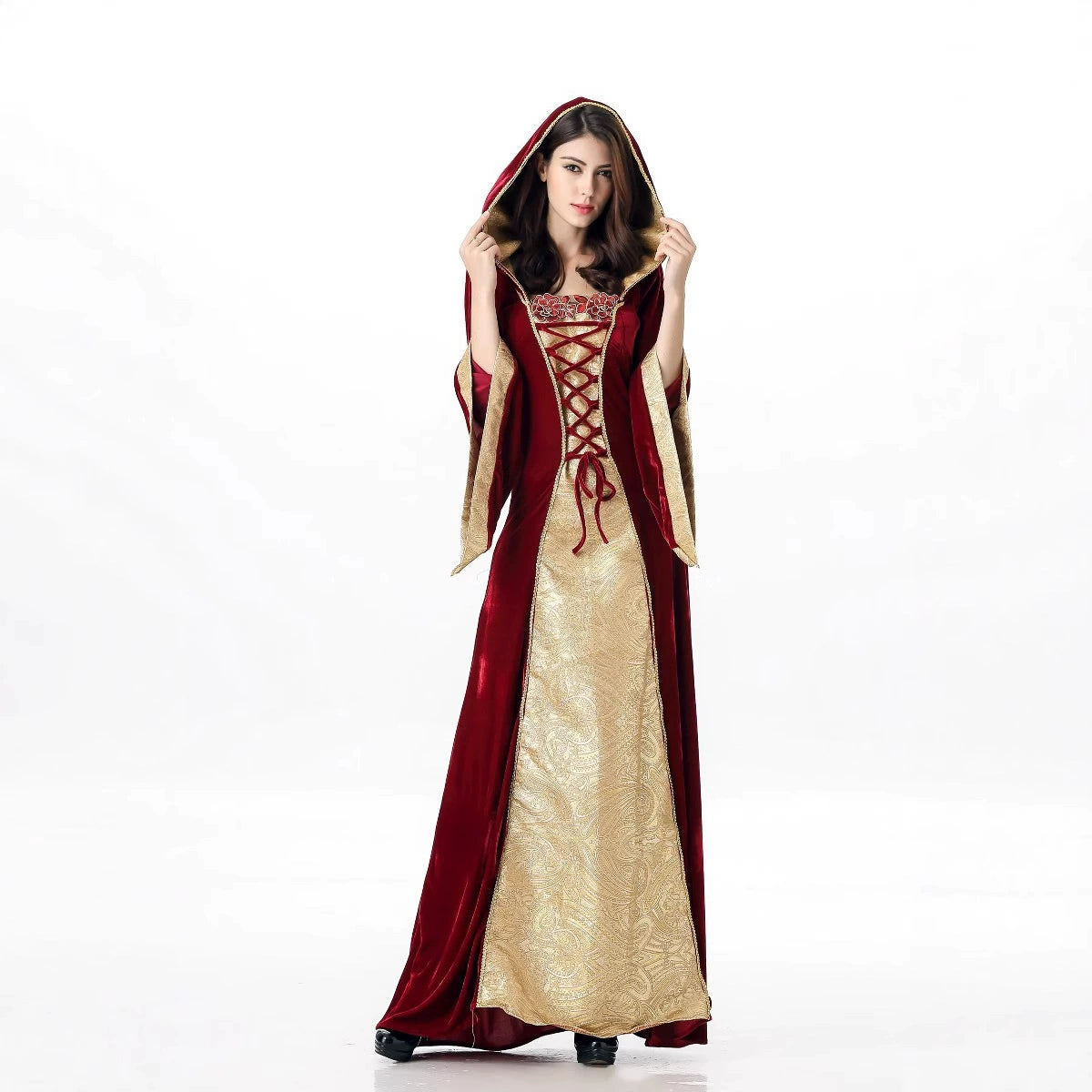 Medieval Renaissance Hooded Costume Dress Velvet Lace Up Long Gown for Women