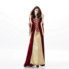 Medieval Renaissance Hooded Costume Dress Velvet Lace Up Long Gown for Women