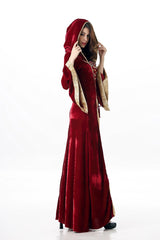 Medieval Renaissance Hooded Costume Dress Velvet Lace Up Long Gown for Women