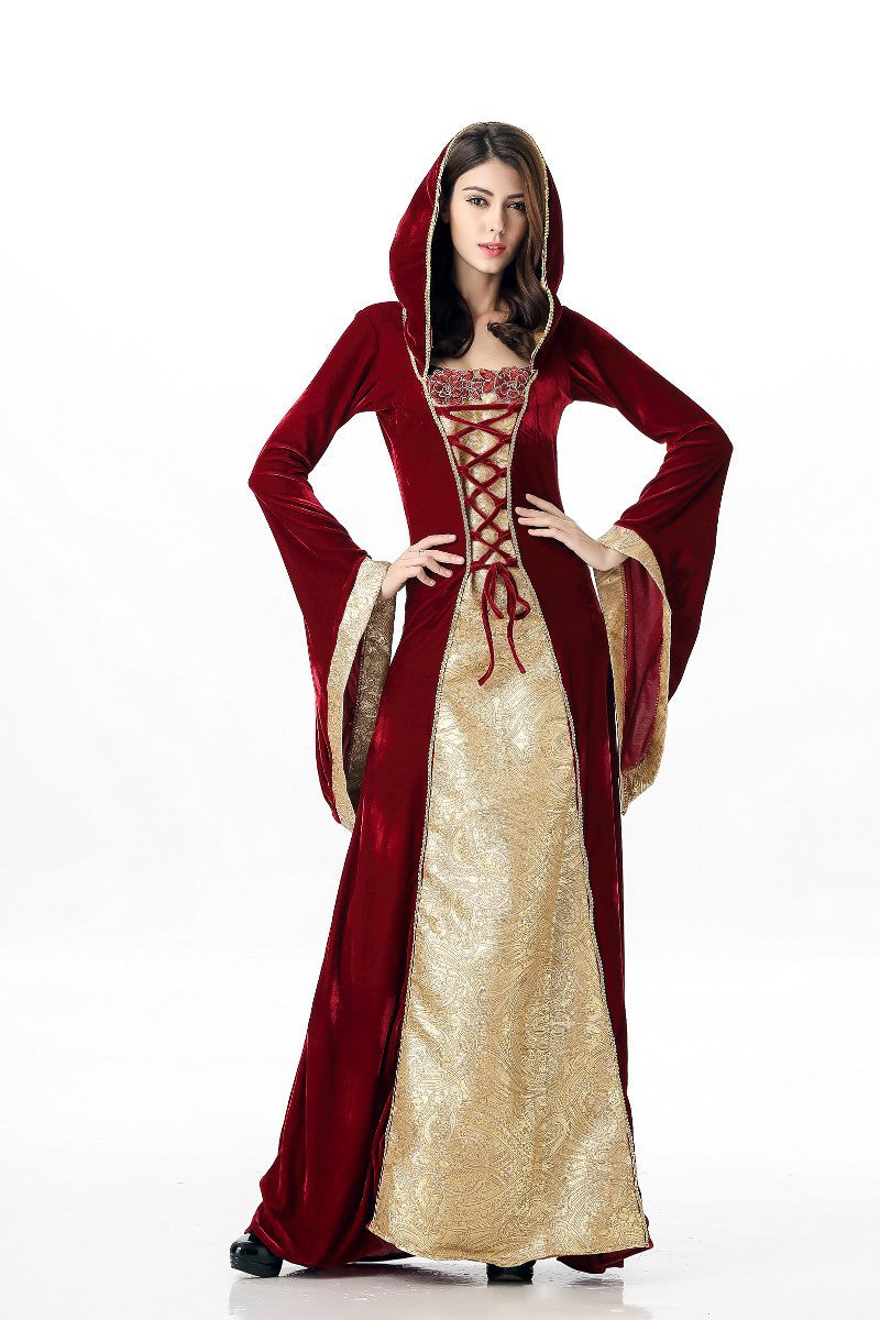 Medieval Renaissance Hooded Costume Dress Velvet Lace Up Long Gown for Women