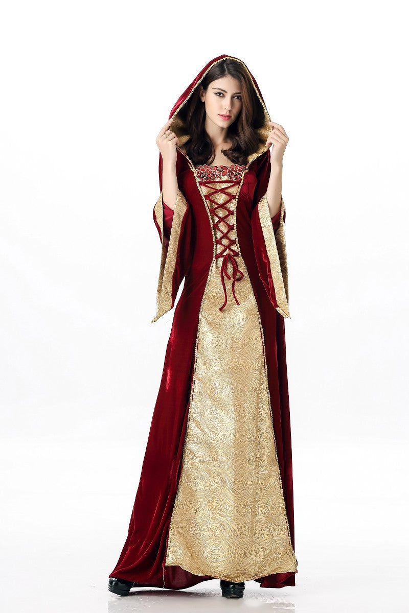 Medieval Renaissance Hooded Costume Dress Velvet Lace Up Long Gown for Women