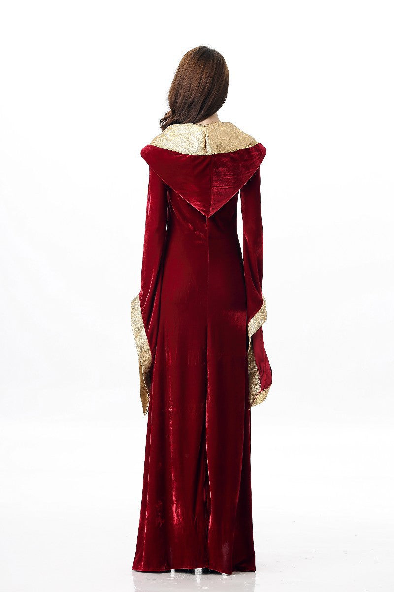 Medieval Renaissance Hooded Costume Dress Velvet Lace Up Long Gown for Women