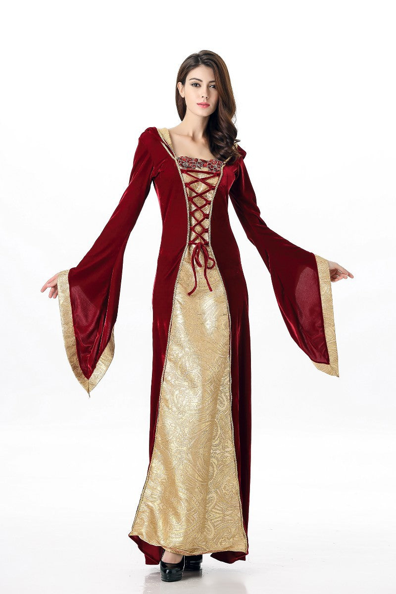 Medieval Renaissance Hooded Costume Dress Velvet Lace Up Long Gown for Women