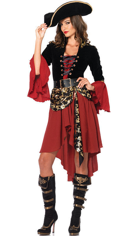 Women's Pirate Costume Set - High-Low Dress Skull Sash Pirate Hat
