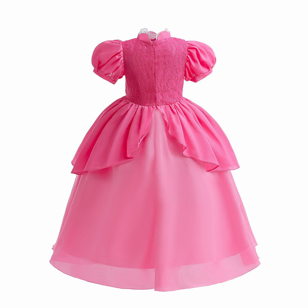 Kids Princess Costume Child Pink Peach Dress for Girls Cosplay with Crown