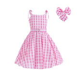 Girl Barbie Pink Plaid Sleeveless Cosplay Costume Dress For Party Holiday