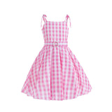 Girl Barbie Pink Plaid Sleeveless Cosplay Costume Dress For Party Holiday