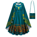 Brave Princess Merida Kids Girl Costume Dress With Cape and Shoulder bag