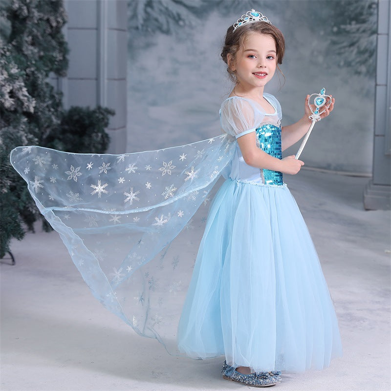 Frozen Elsa Princess Sequins Girls Costume Dresses With Crown Wand For Cosplay Party Holiday Fancy Dress