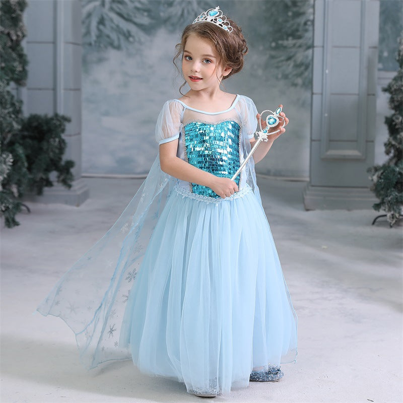 Frozen Elsa Princess Sequins Girls Costume Dresses With Crown Wand For Cosplay Party Holiday Fancy Dress