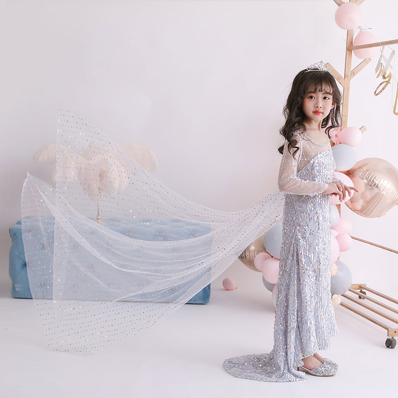 Frozen 2 Toddler Kids Elsa Princess Sequins Girls Costume Trailing Dresses with Crown Wand For Birthday Holiday Cosplay Party.