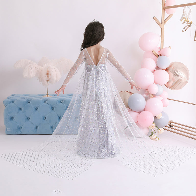 Frozen 2 Toddler Kids Elsa Princess Sequins Girls Costume Trailing Dresses with Crown Wand For Birthday Holiday Cosplay Party.