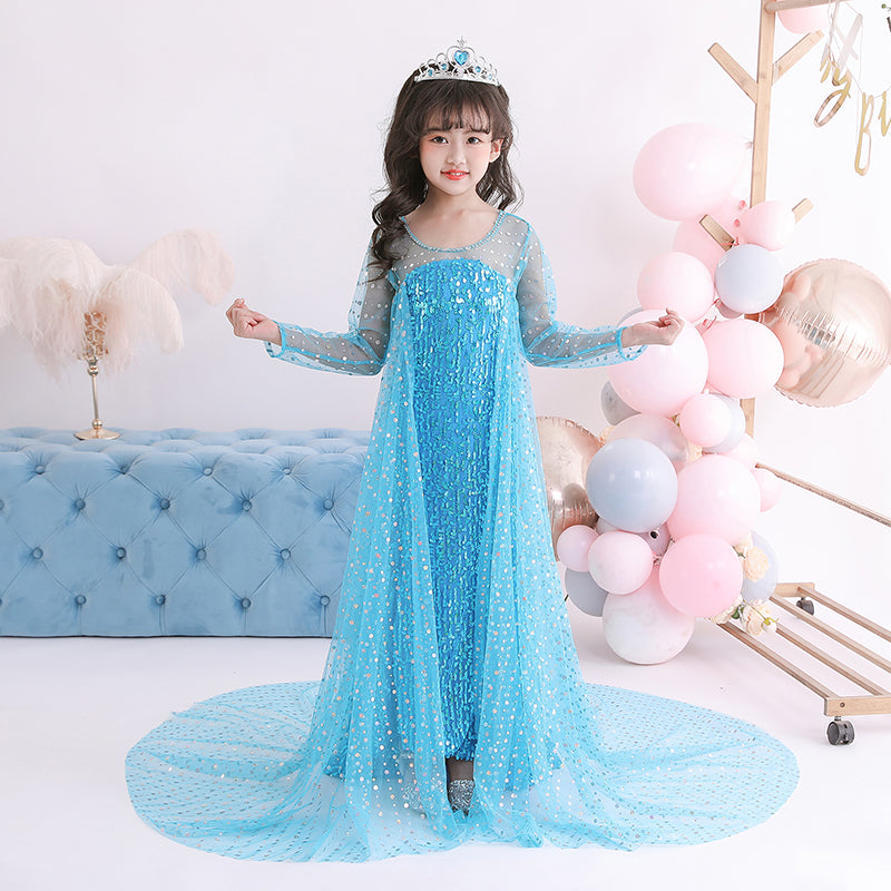 Frozen 2 Toddler Kids Elsa Princess Sequins Girls Costume Trailing Dresses with Crown Wand For Birthday Holiday Cosplay Party.