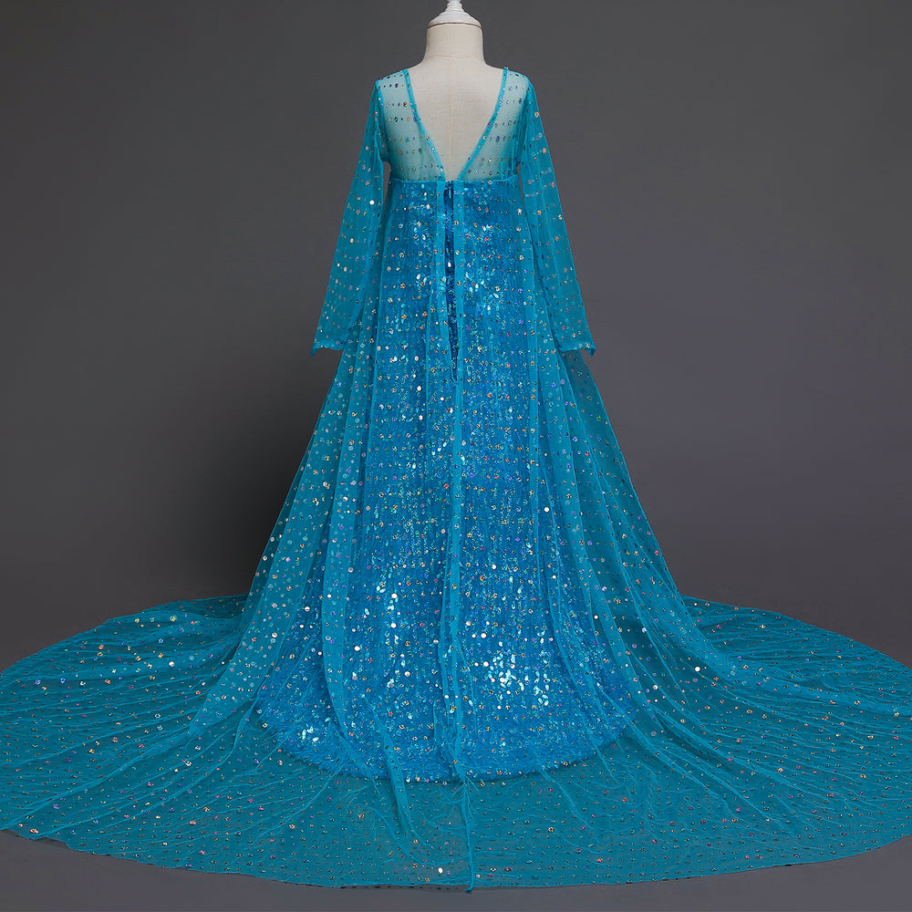 Frozen 2 Toddler Kids Elsa Princess Sequins Girls Costume Trailing Dresses with Crown Wand For Birthday Holiday Cosplay Party.