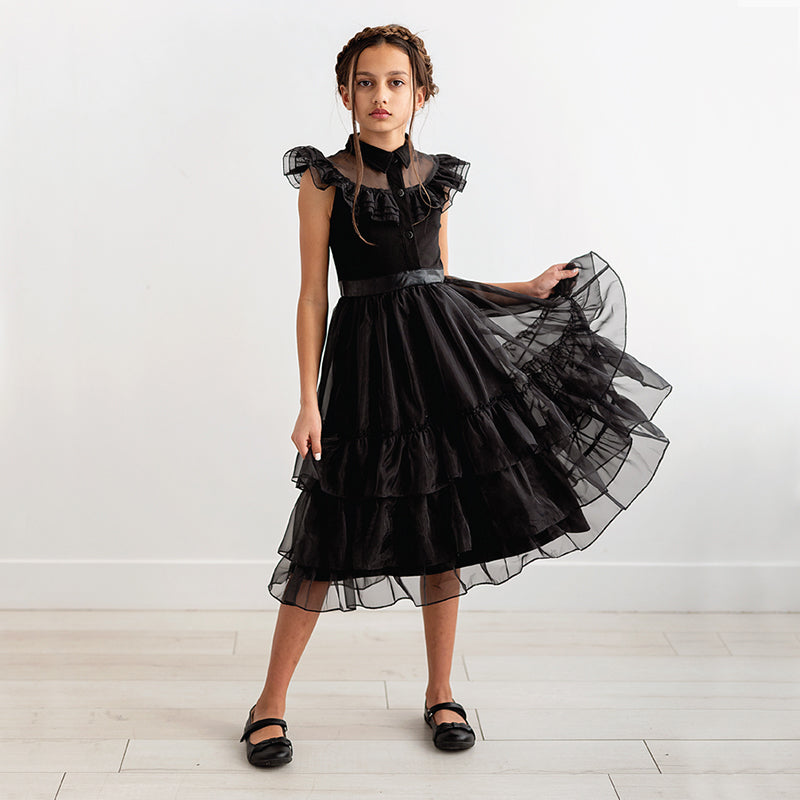 Wednesday Addams Kids Girl Outfit Costume Trendy Gothic Rave'n Dance Dress  - Black / 3