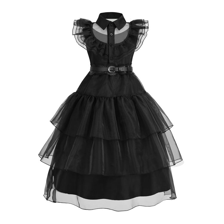 Wednesday Addams Kids Girl Outfit Costume Trendy Gothic Rave'n Dance Dress  - Black / 3