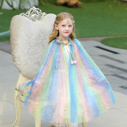 Princess Elsa Costume Rainbow Mesh Cape Cloak with Shiny Sequin Shawl Outerwear 1500