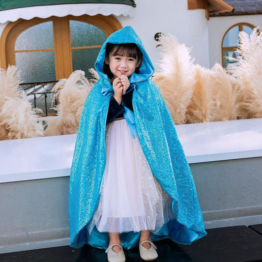 Frozen Fur Princess Sequins hooded Cloak Elsa costume Cape for Girl 1500